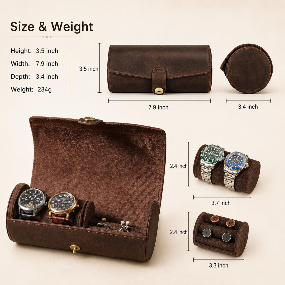Personalized Crazy Horse Leather Watch Case, Removable Jewelry Organizer for Travel
