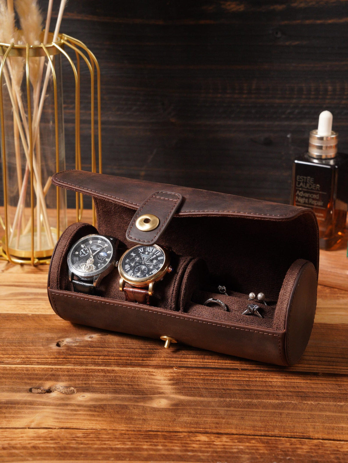 Personalized Crazy Horse Leather Watch Case, Removable Jewelry Organizer for Travel