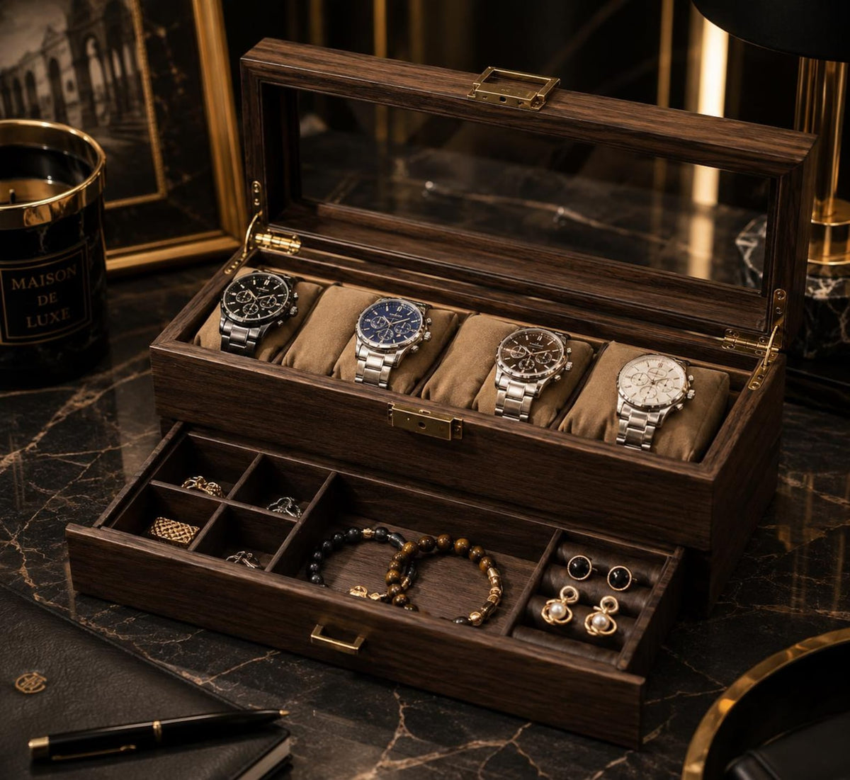 Walnut Wood Watch Box, Double Layer Watch Organizer, Watch Display Case, Jewelry Storage Box