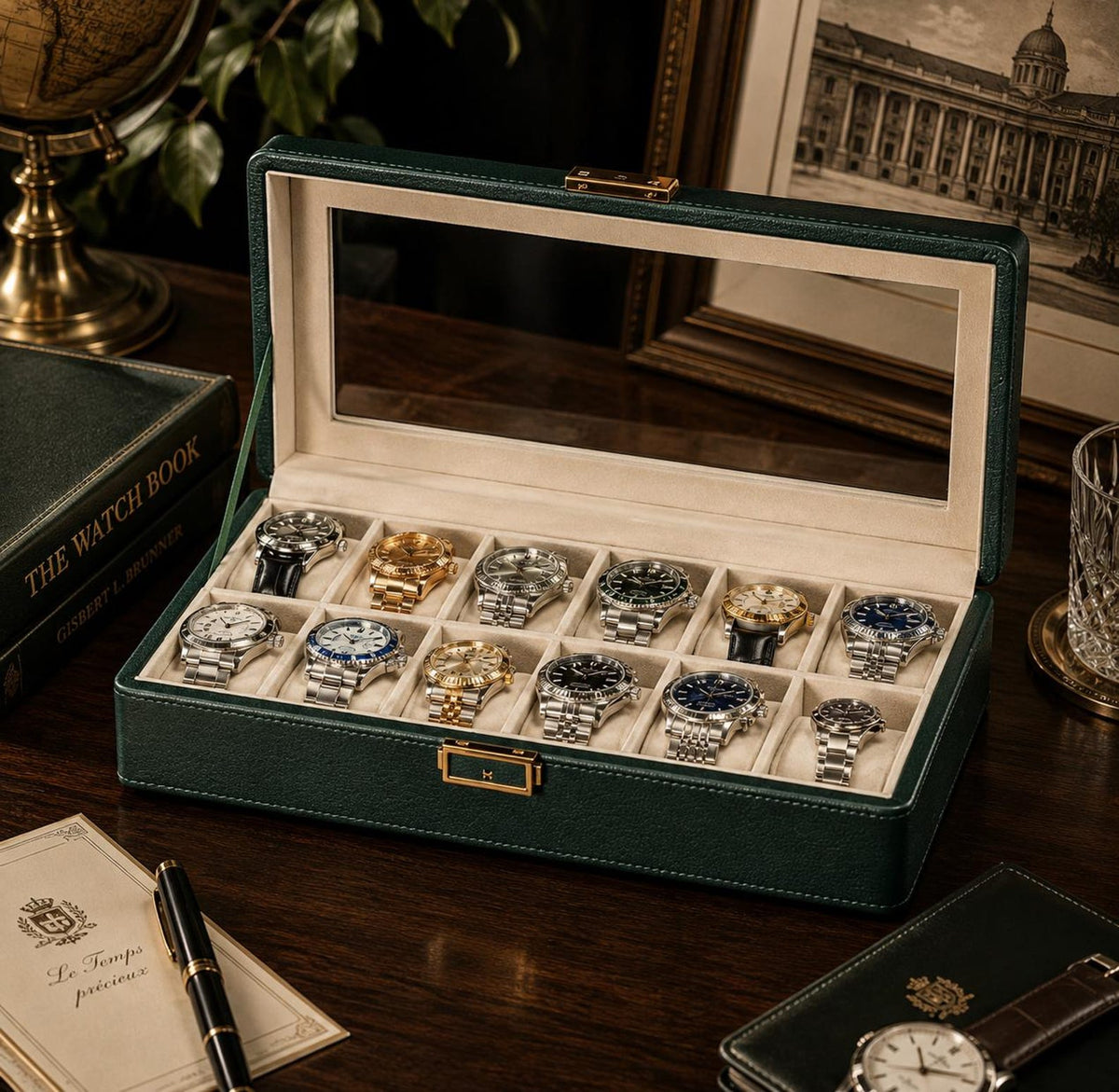 Green Watch Box, Vintage PU Leather Watch Case, 3 6 12 Slot Watch Organizer, Glass Display