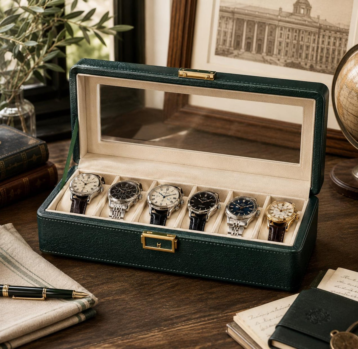 Green Watch Box, Vintage PU Leather Watch Case, 3 6 12 Slot Watch Organizer, Glass Display