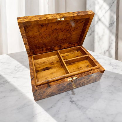 Large Thuya Wood Jewelry Box with Key – 26cm Lockable Valet & Watch Storage – Minimalist Burl Wood Keepsake – Luxury Gift