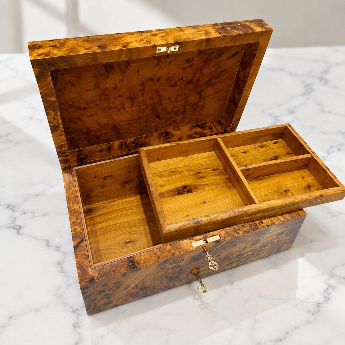 Large Thuya Wood Jewelry Box with Key – 26cm Lockable Valet & Watch Storage – Minimalist Burl Wood Keepsake – Luxury Gift