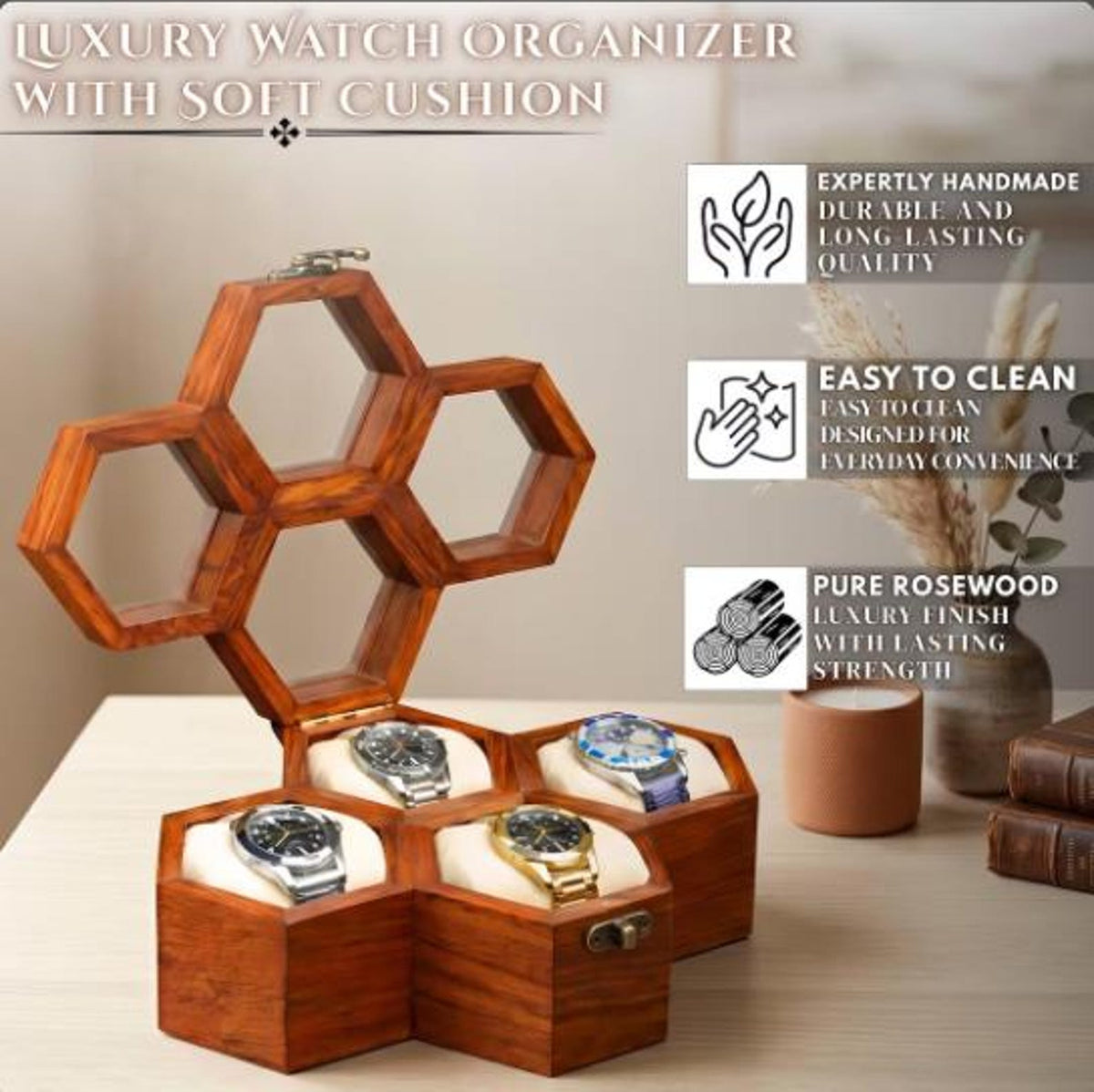 Handcrafted Indian Rosewood Honeycomb Watch Box, Glass Lid Display Case