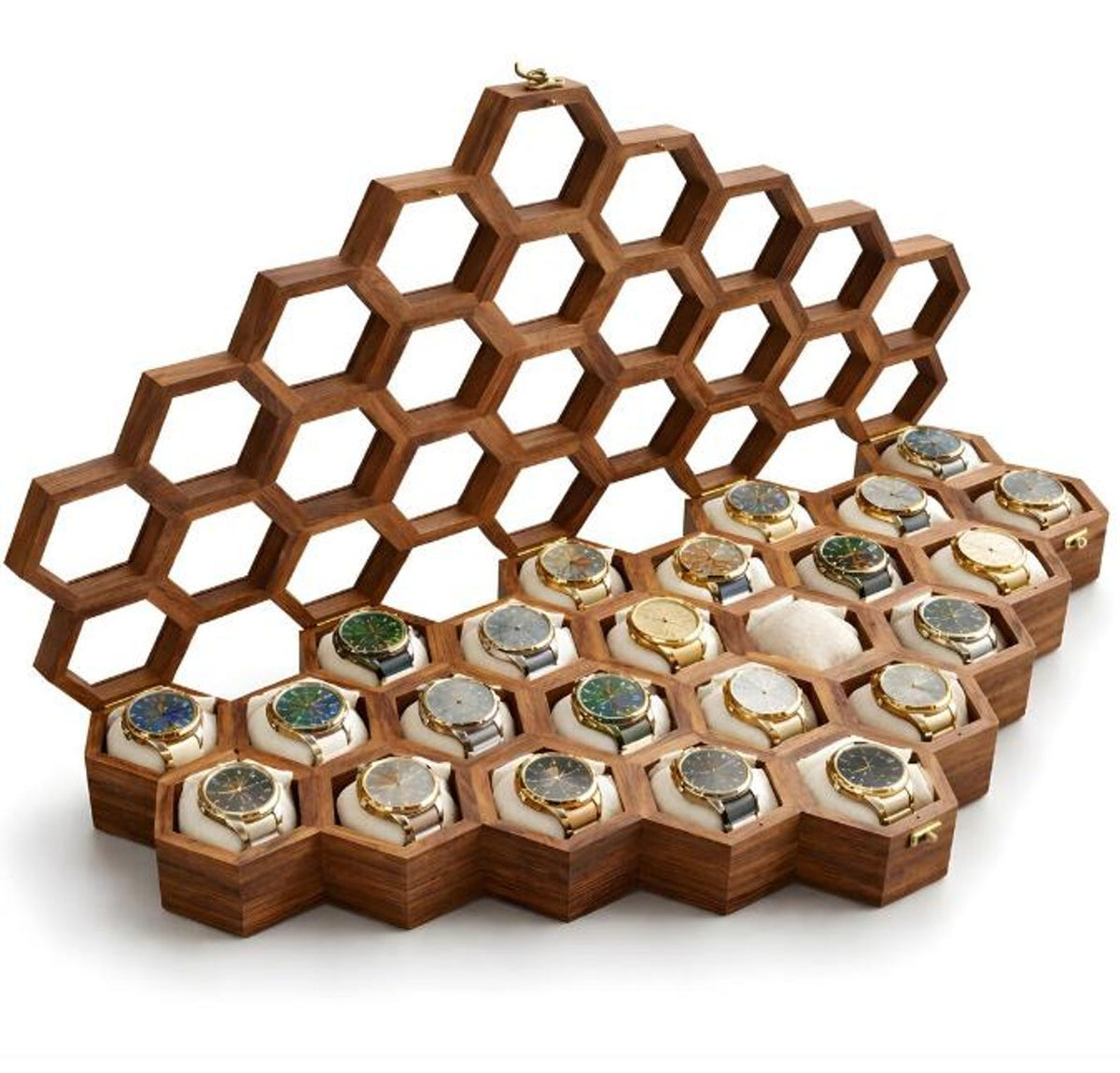 Handcrafted Indian Rosewood Honeycomb Watch Box, Glass Lid Display Case