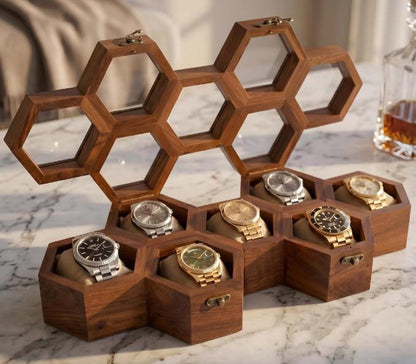Handcrafted Indian Rosewood Honeycomb Watch Box, Glass Lid Display Case