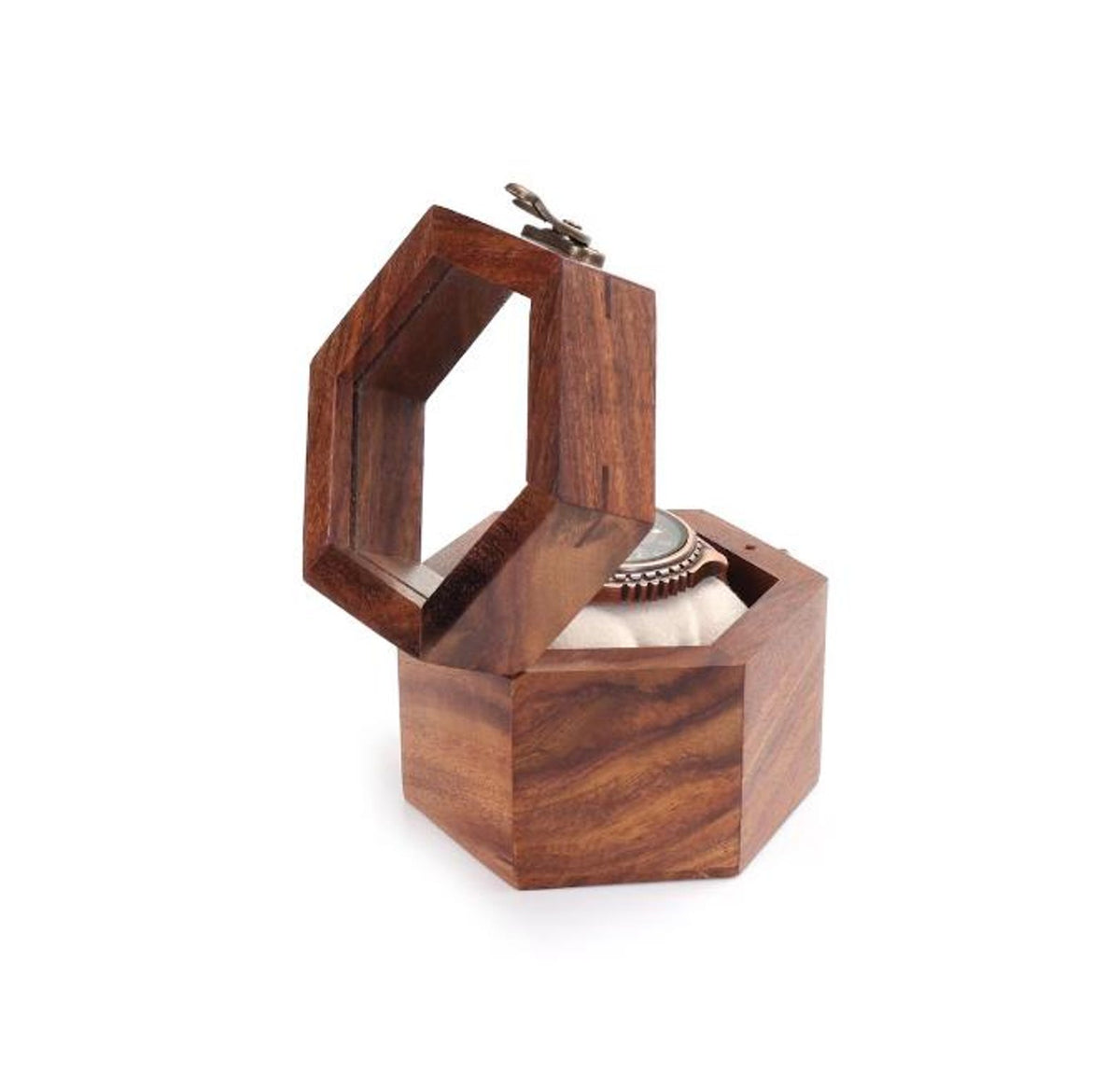 Handcrafted Indian Rosewood Honeycomb Watch Box, Glass Lid Display Case