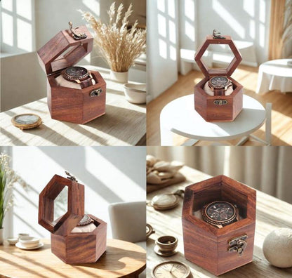 Handcrafted Indian Rosewood Honeycomb Watch Box, Glass Lid Display Case