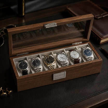 Black Walnut Watch Box, 6 Slot Wooden Watch Organizer, Luxury Display Storage Case, Mens Watch Holder, Gift for Him or her