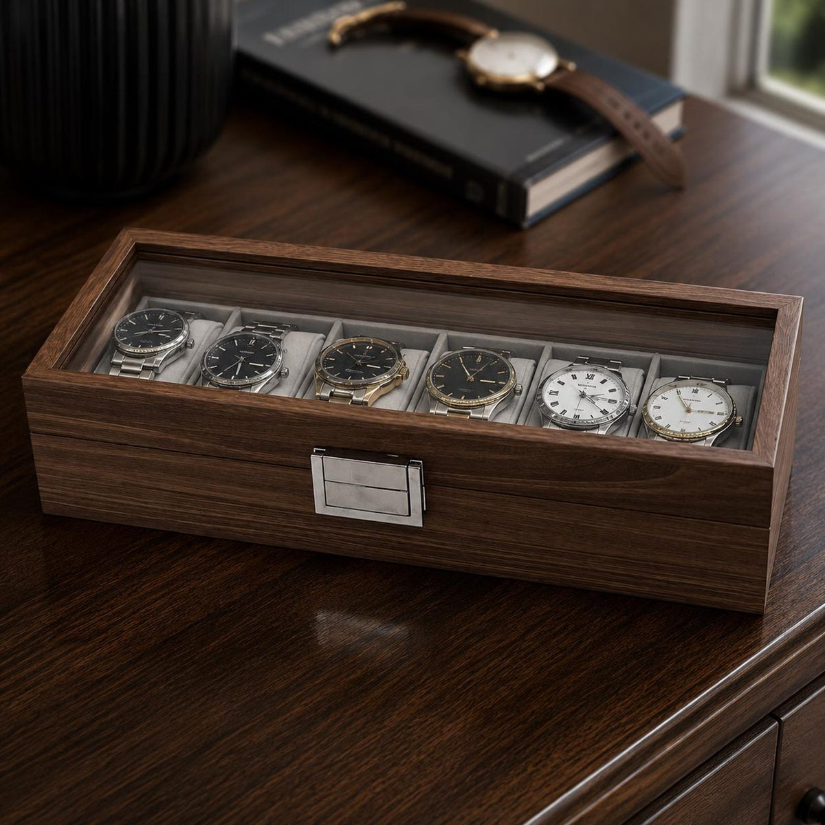 Black Walnut Watch Box, 6 Slot Wooden Watch Organizer, Luxury Display Storage Case, Mens Watch Holder, Gift for Him or her