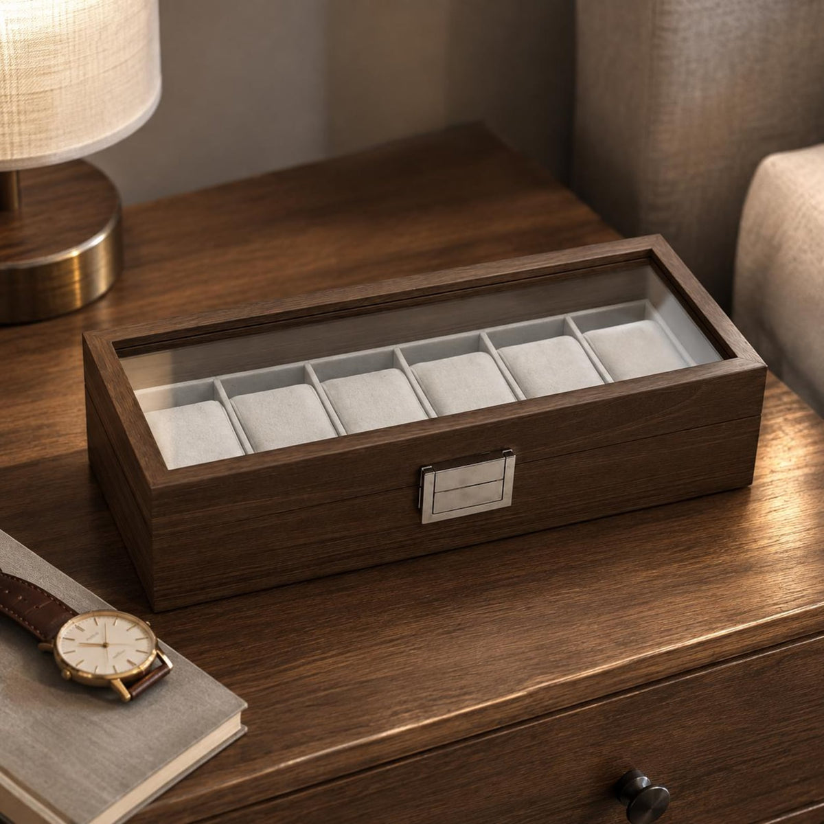 Black Walnut Watch Box, 6 Slot Wooden Watch Organizer, Luxury Display Storage Case, Mens Watch Holder, Gift for Him or her