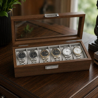 Black Walnut Watch Box, 6 Slot Wooden Watch Organizer, Luxury Display Storage Case, Mens Watch Holder, Gift for Him or her