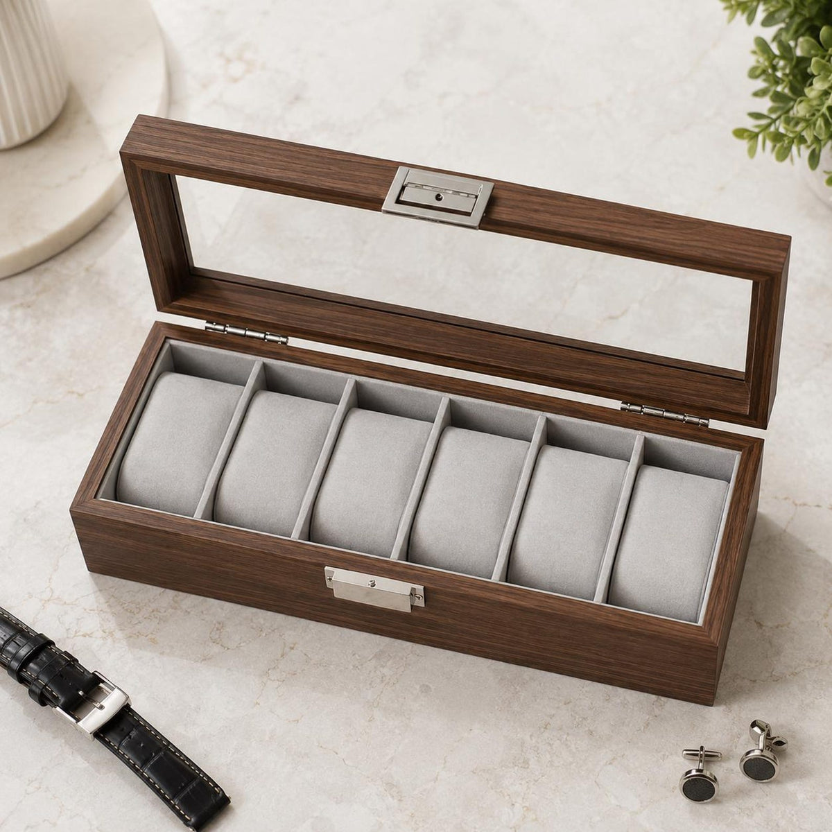 Black Walnut Watch Box, 6 Slot Wooden Watch Organizer, Luxury Display Storage Case, Mens Watch Holder, Gift for Him or her
