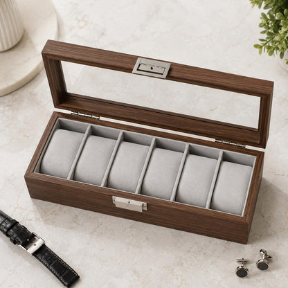 Black Walnut Watch Box, 6 Slot Wooden Watch Organizer, Luxury Display Storage Case, Mens Watch Holder, Gift for Him or her