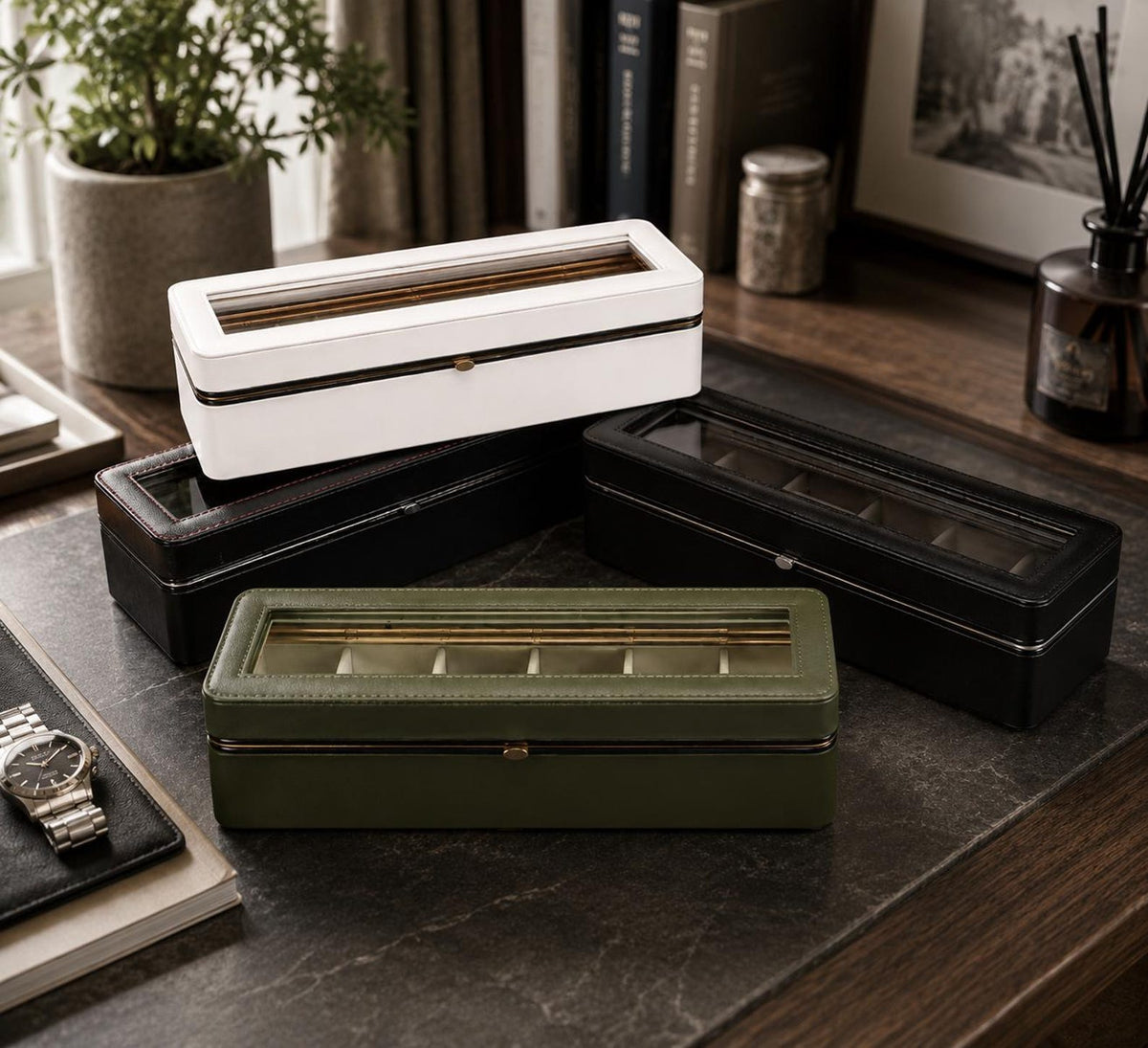 6 Slot Watch Box, PU Leather Watch Display Case, Glass Top Organizer, 4 Elegant Designs