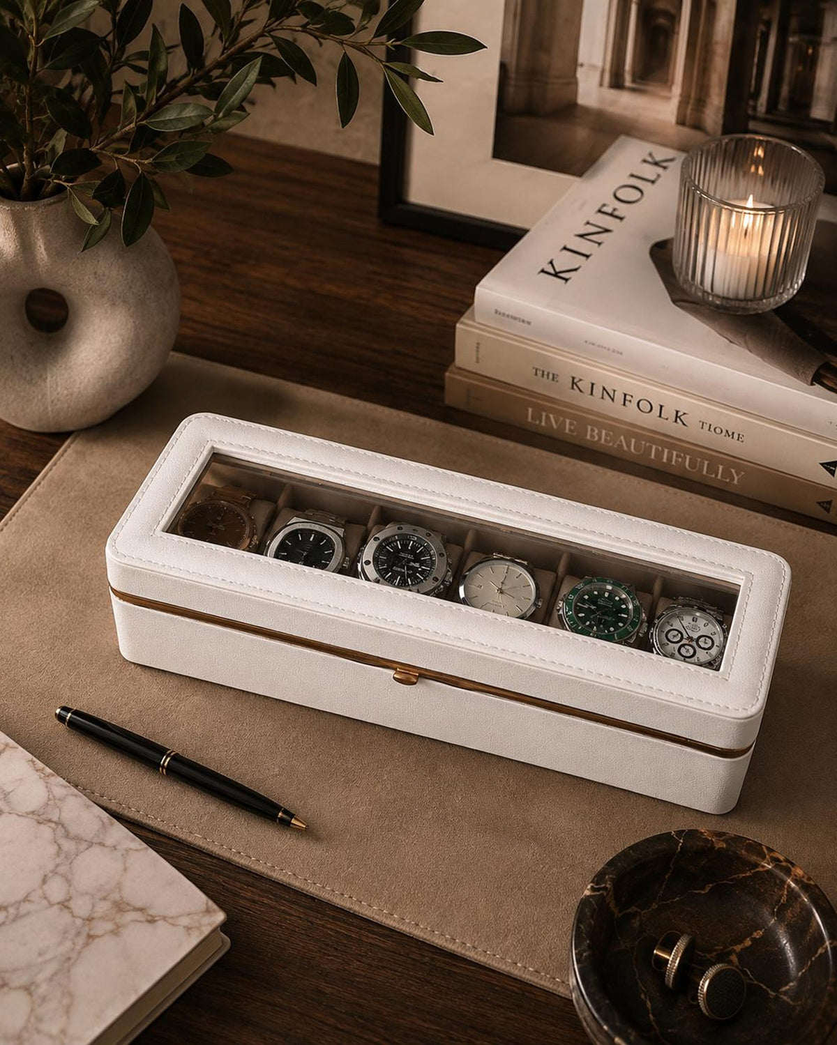 6 Slot Watch Box, PU Leather Watch Display Case, Glass Top Organizer, 4 Elegant Designs