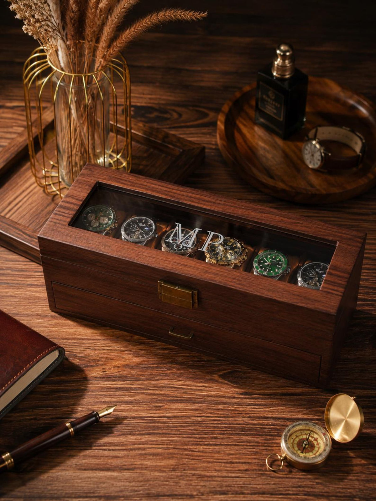 Personalized Wooden Watch Box, Custom Engraved Glass Top Watch Case, Watch Organizer for Men, Gift for Husband, Anniversary Gift, Groom Gift