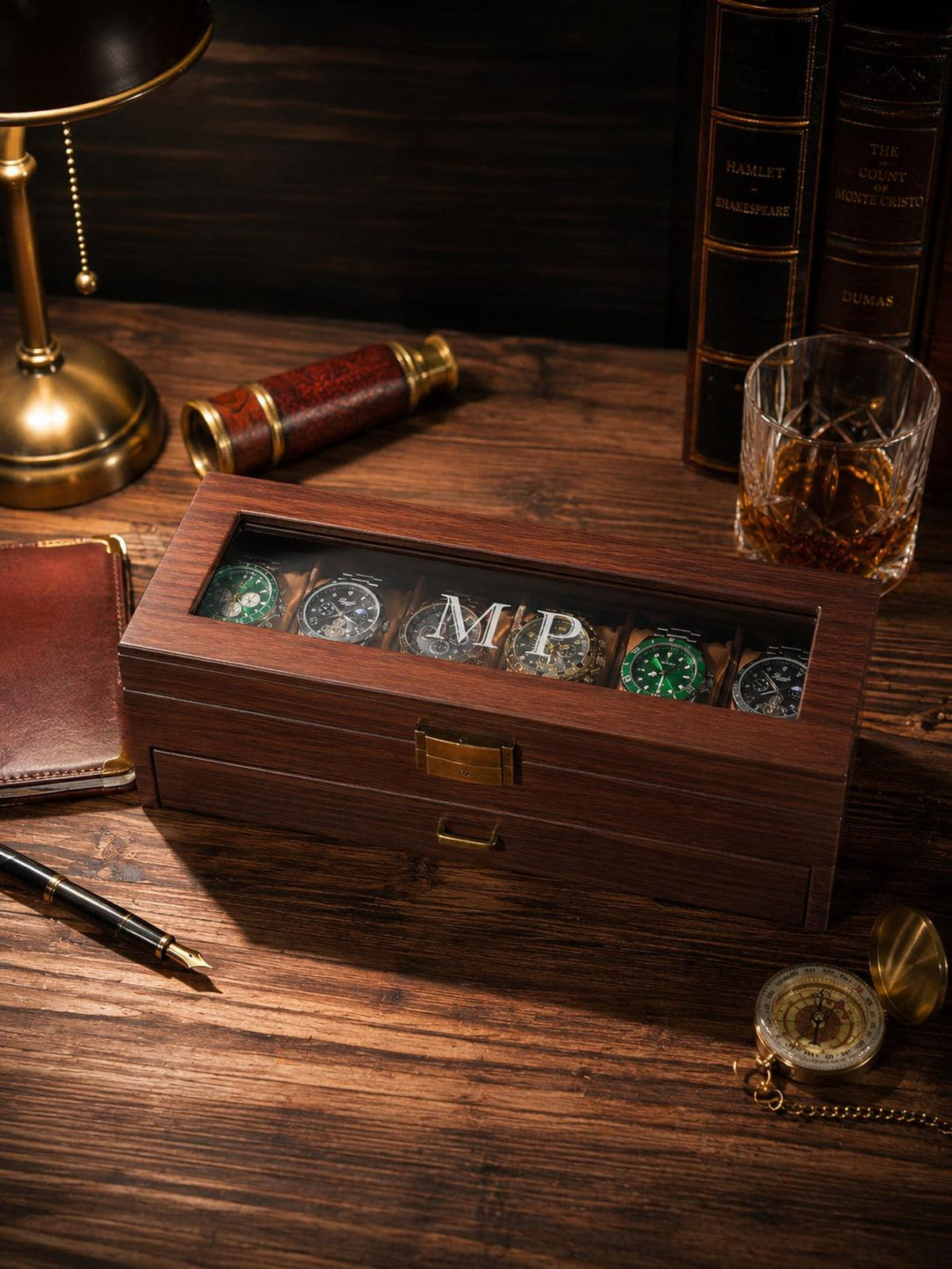 Personalized Wooden Watch Box, Custom Engraved Glass Top Watch Case, Watch Organizer for Men, Gift for Husband, Anniversary Gift, Groom Gift