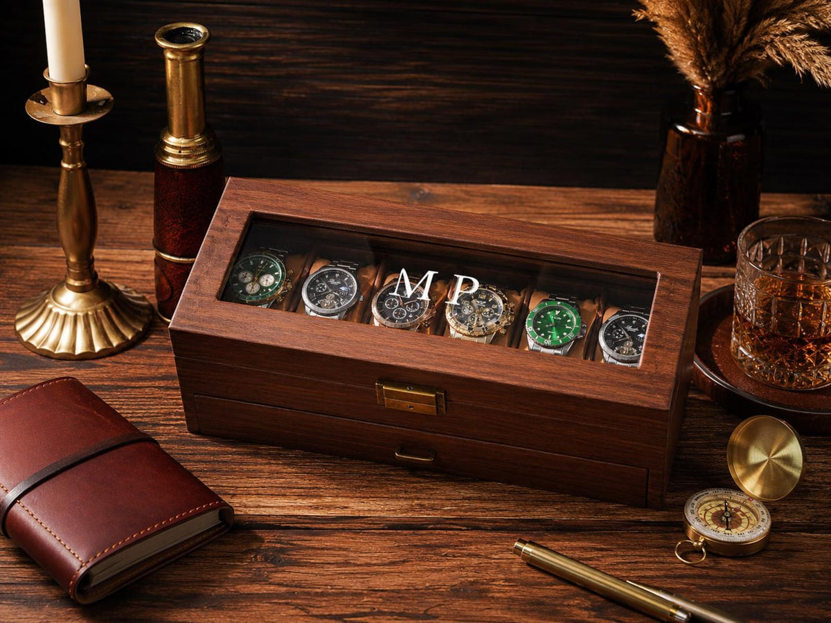 Personalized Wooden Watch Box, Custom Engraved Glass Top Watch Case, Watch Organizer for Men, Gift for Husband, Anniversary Gift, Groom Gift