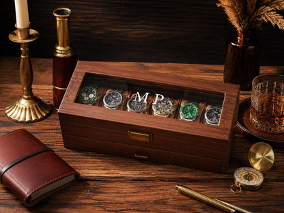 Personalized Wooden Watch Box, Custom Engraved Glass Top Watch Case, Watch Organizer for Men, Gift for Husband, Anniversary Gift, Groom Gift