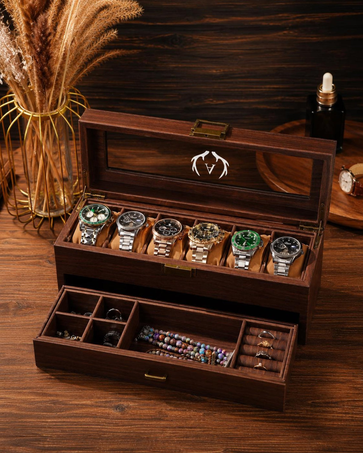 Personalized Wooden Watch Box, Custom Engraved Glass Top Watch Case, Watch Organizer for Men, Gift for Husband, Anniversary Gift, Groom Gift