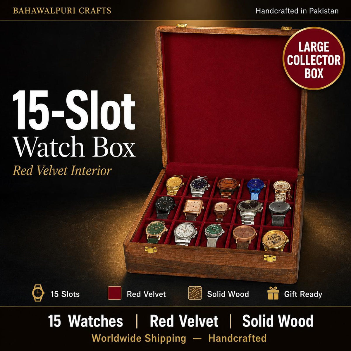 Wooden Watch Box for Men 15 Slot Red Velvet Large Watch Collector Box, Watch Organizer, Gift for Dad Him, Fathers Day Gift, Anniversary Gift
