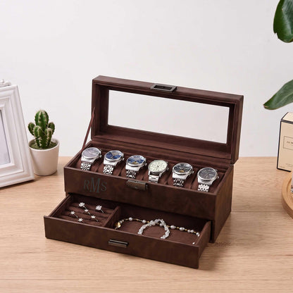 Personalized 6-Slot Watch Box with Jewelry Drawer, Custom PU Leather Watch Case for Men, Engraved Watch & Ring Organizer, Gift for Him, Dad