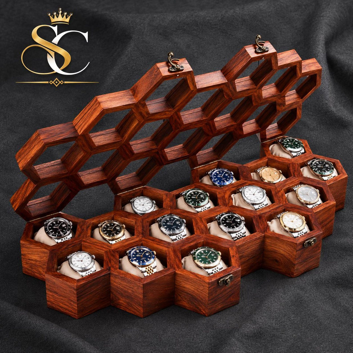 Handmade Rosewood Hexagon Watch Box DIsplay - | Anniversary Gift for Husband
