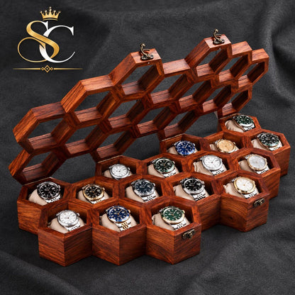 Handmade Rosewood Hexagon Watch Box DIsplay - | Anniversary Gift for Husband