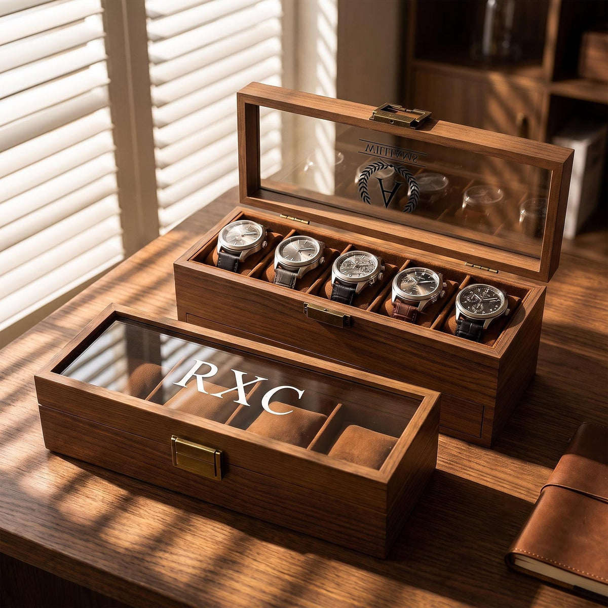 6/8/12 Slots Personalized Solid Walnut Watch Box with Drawer, Custom Initials Watch Organizer, Gifts for Groomsmen, Dad, Husband,Anniversary