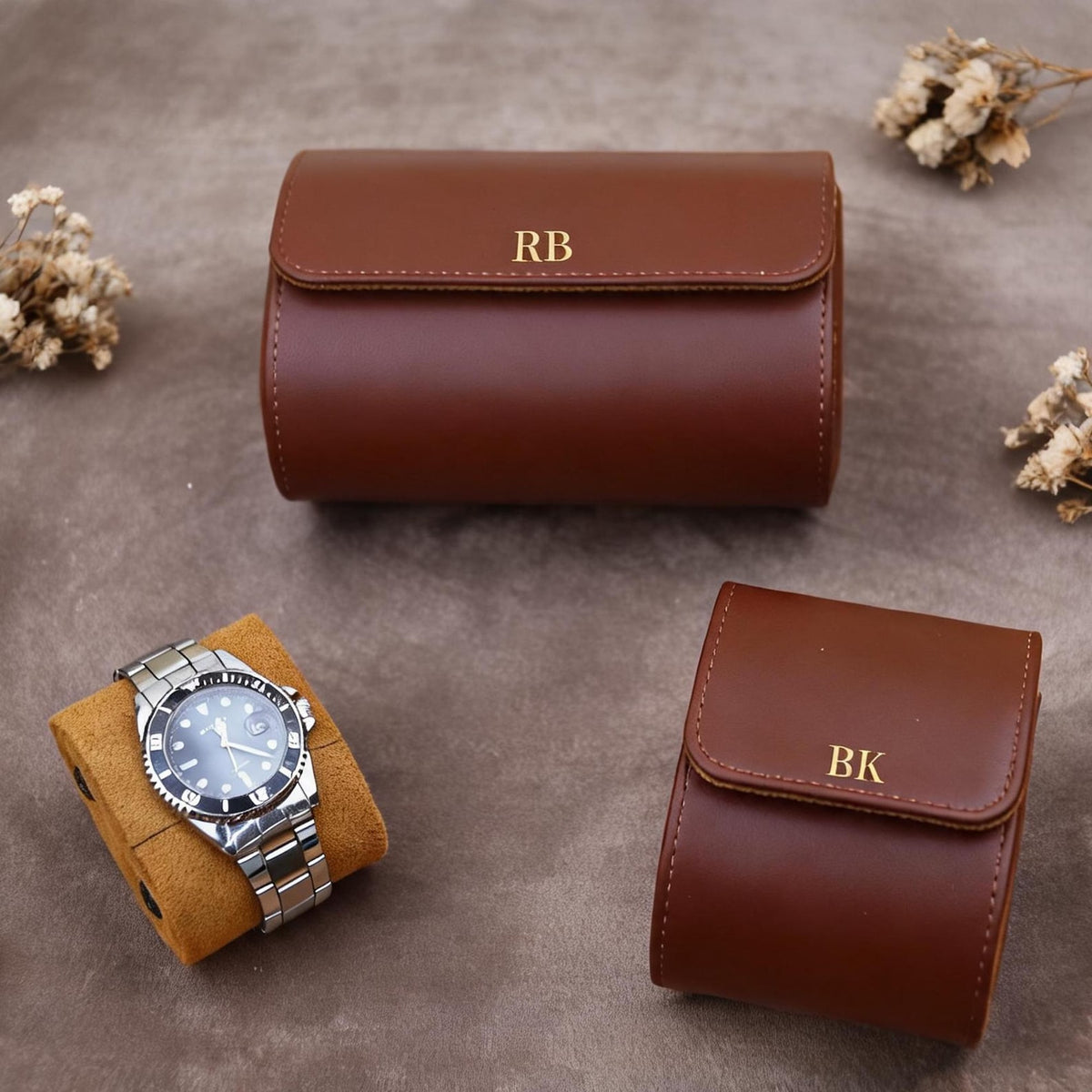 Personalized Vegan Leather Watch Case: Gold/Silver Initials, Velvet Lined Storage