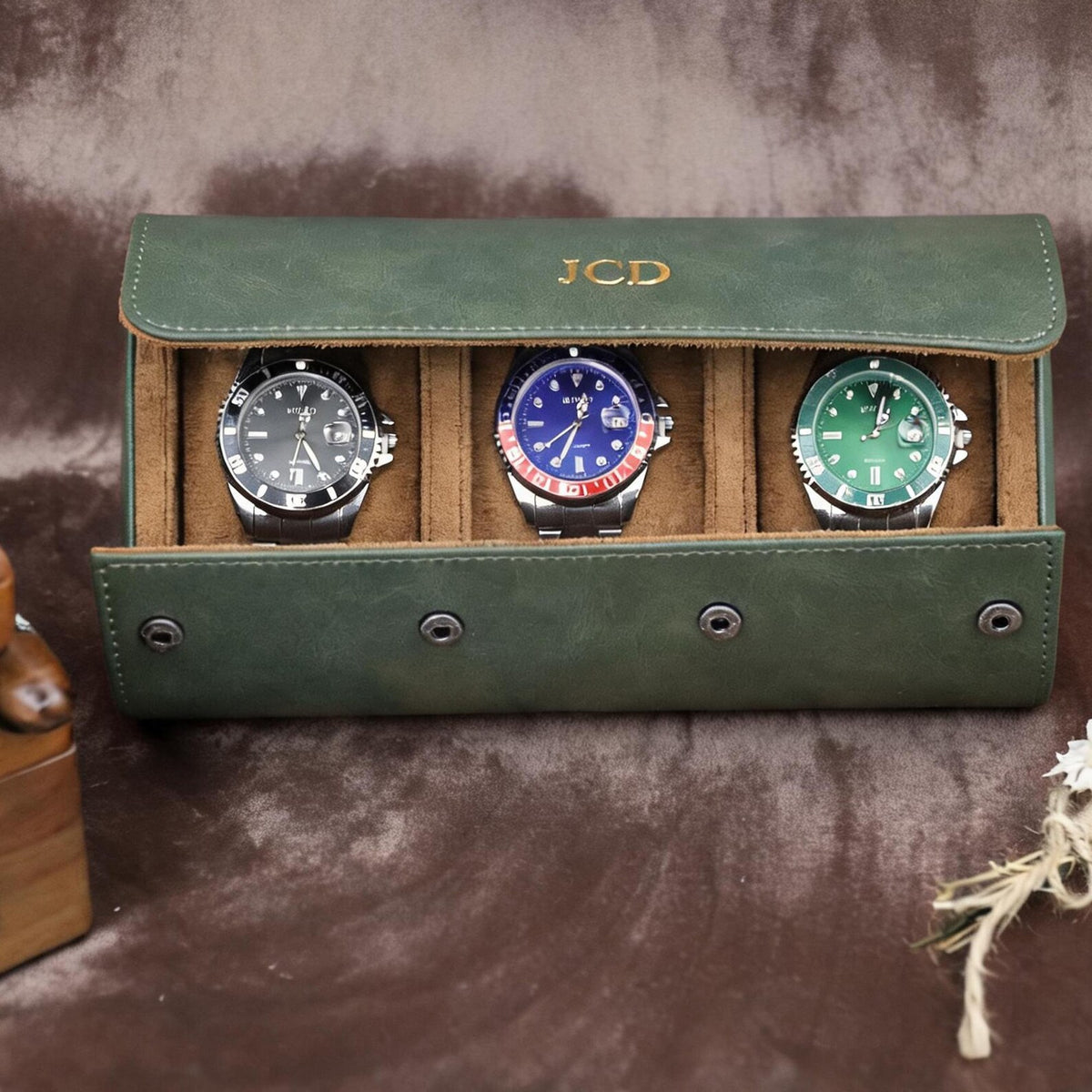 Personalized Vegan Leather Watch Case: Gold/Silver Initials, Velvet Lined Storage