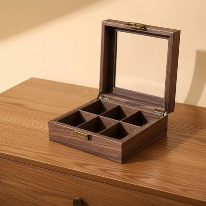 Luxury Wooden Watch Organizer, 6 Slot Display Case with Glass Lid Vintage Watch Storage Box, Mens Jewelry Valet Premium Watch Collector Gift