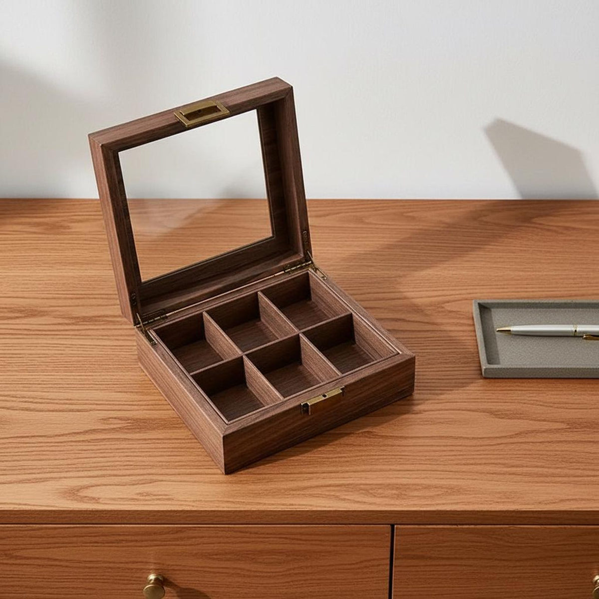 Luxury Wooden Watch Organizer, 6 Slot Display Case with Glass Lid Vintage Watch Storage Box, Mens Jewelry Valet Premium Watch Collector Gift