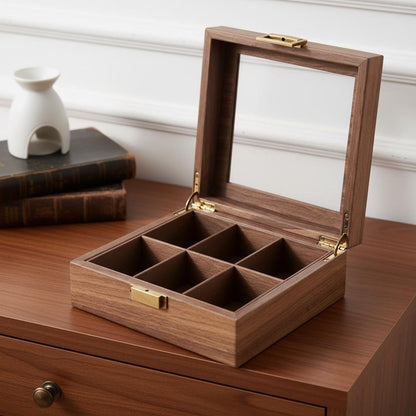 Luxury Wooden Watch Organizer, 6 Slot Display Case with Glass Lid Vintage Watch Storage Box, Mens Jewelry Valet Premium Watch Collector Gift
