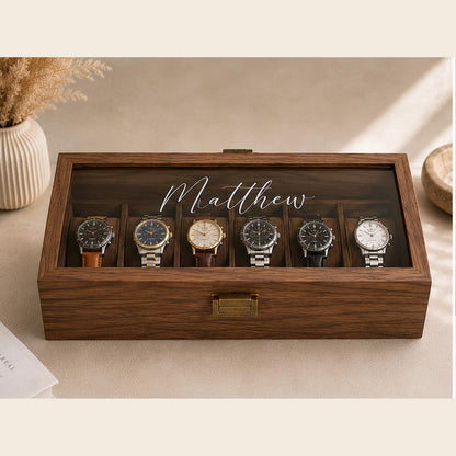 Personalised Wooden Watch Box for Men, Engraved Glass Lid Watch Case, Walnut Watch Storage Box, Gift for Him, Dad, Husband