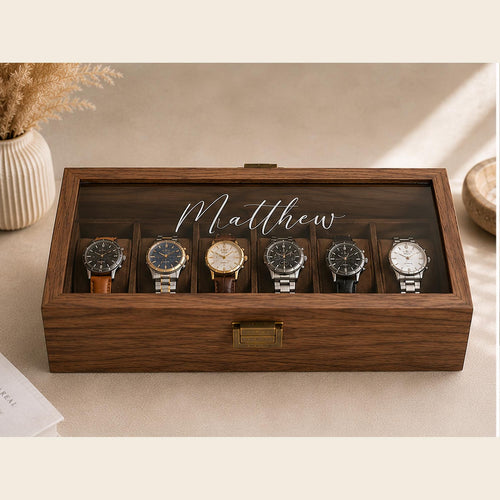 Personalised Wooden Watch Box for Men, Engraved Glass Lid Watch Case, Walnut Watch Storage Box, Gift for Him, Dad, Husband