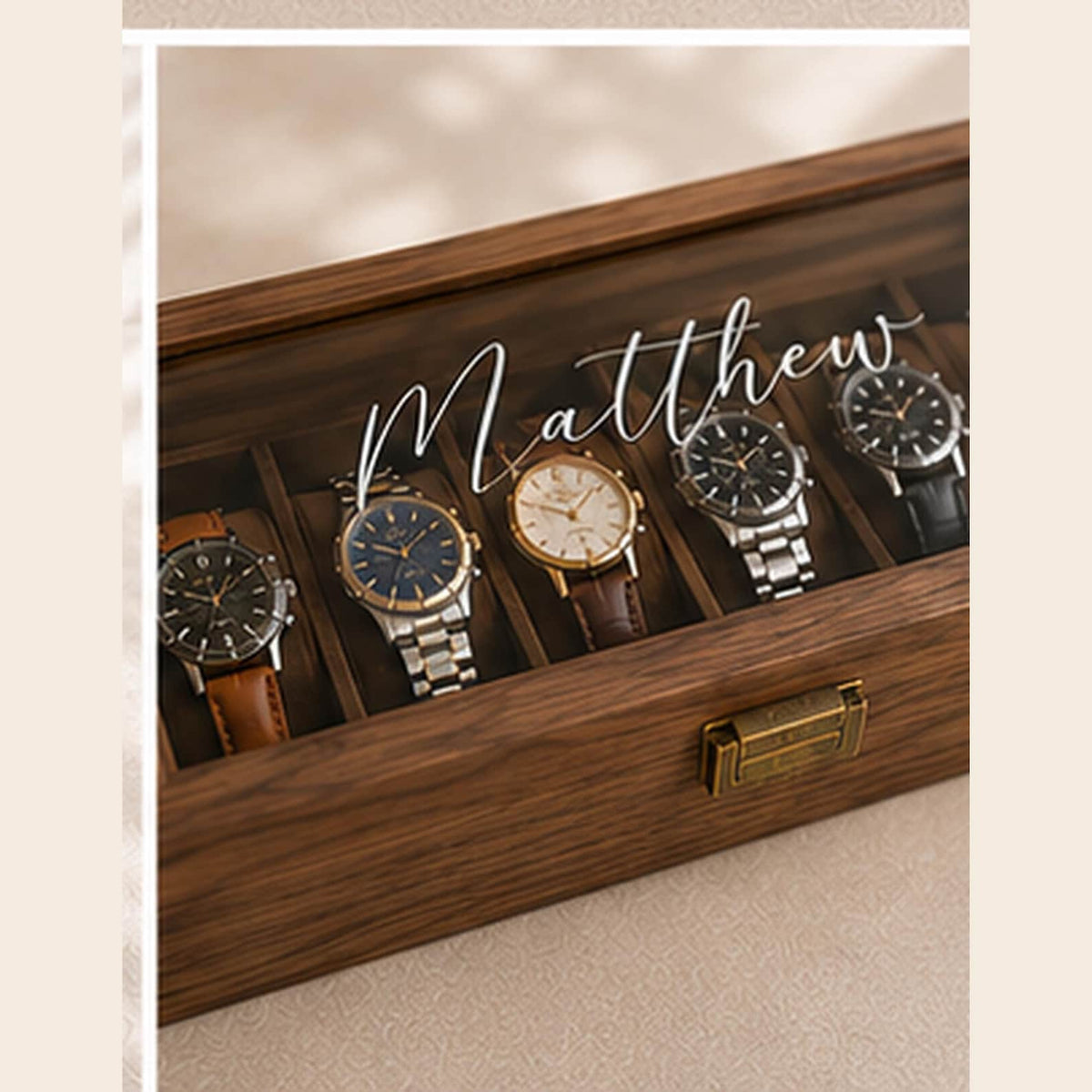 Personalised Wooden Watch Box for Men, Engraved Glass Lid Watch Case, Walnut Watch Storage Box, Gift for Him, Dad, Husband