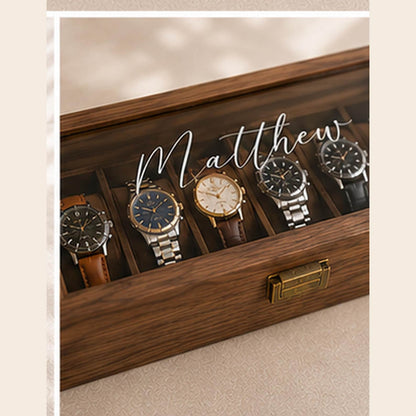 Personalised Wooden Watch Box for Men, Engraved Glass Lid Watch Case, Walnut Watch Storage Box, Gift for Him, Dad, Husband
