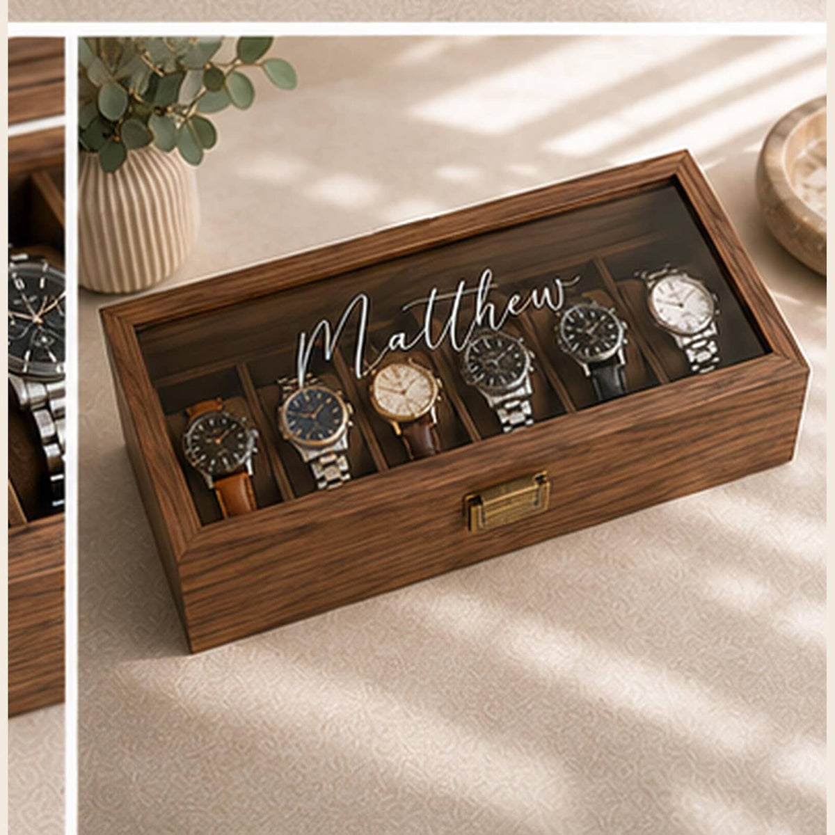 Personalised Wooden Watch Box for Men, Engraved Glass Lid Watch Case, Walnut Watch Storage Box, Gift for Him, Dad, Husband