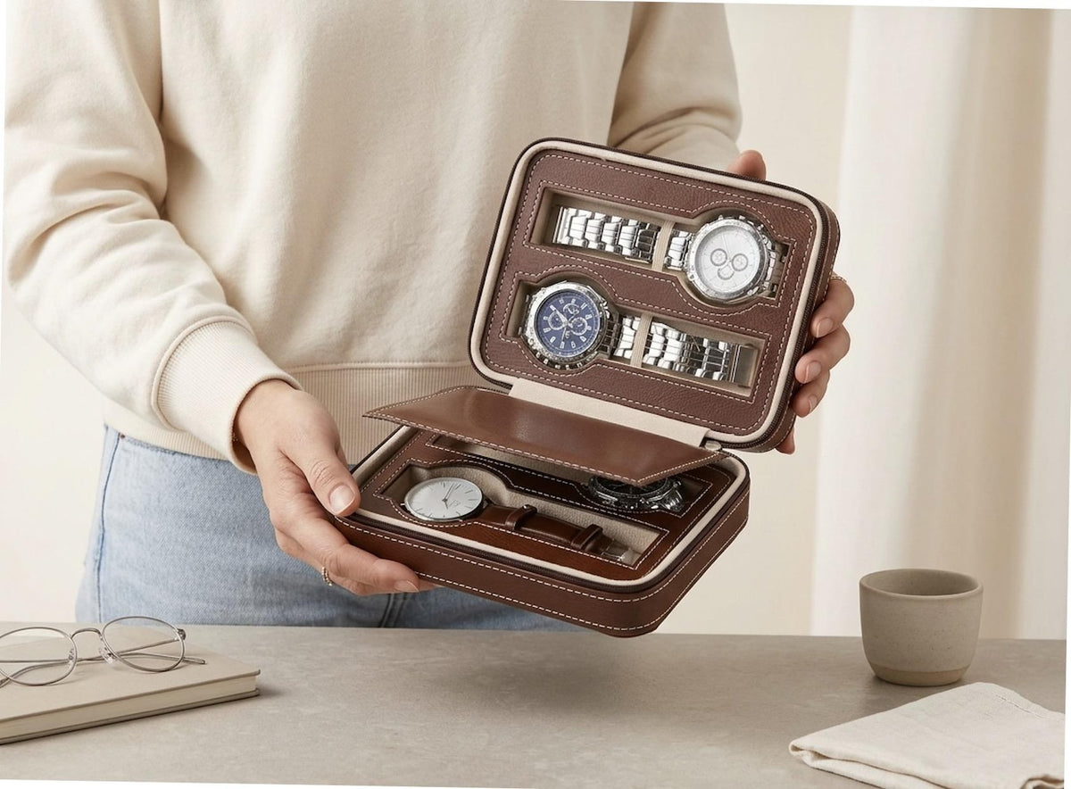 Leather Watch Box, Multi Slot Organizer, Travel Timepiece Holder, Zip Storage Case, Luxury Watch Display, Men Accessory