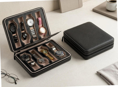 Leather Watch Box, Multi Slot Organizer, Travel Timepiece Holder, Zip Storage Case, Luxury Watch Display, Men Accessory