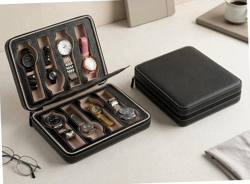 Leather Watch Box, Multi Slot Organizer, Travel Timepiece Holder, Zip Storage Case, Luxury Watch Display, Men Accessory