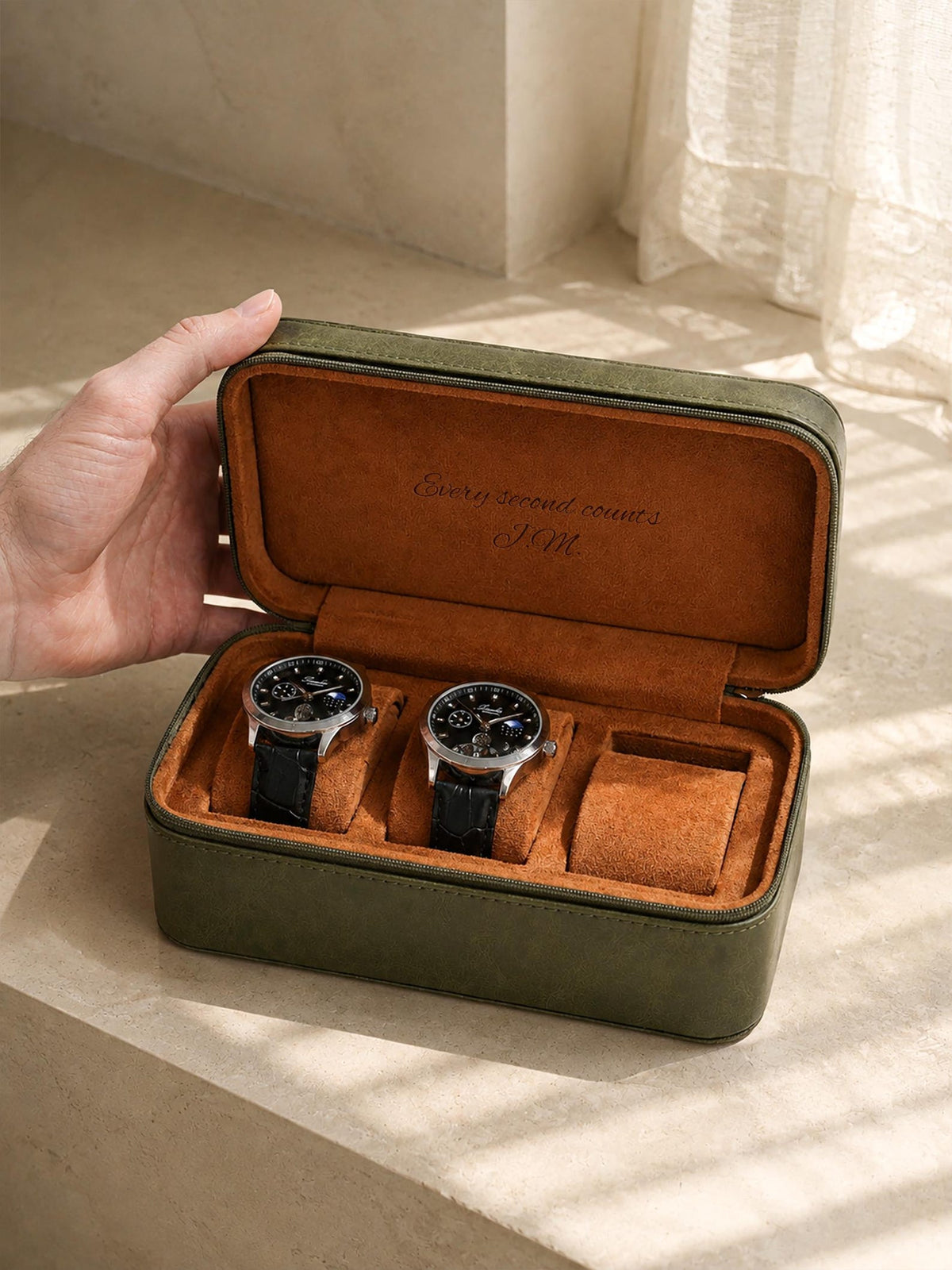 Personalized Leather Watch Box for Men, 3 Slot Travel Watch Case, Custom Initials & Interior Engraving, Husband Dad Gift