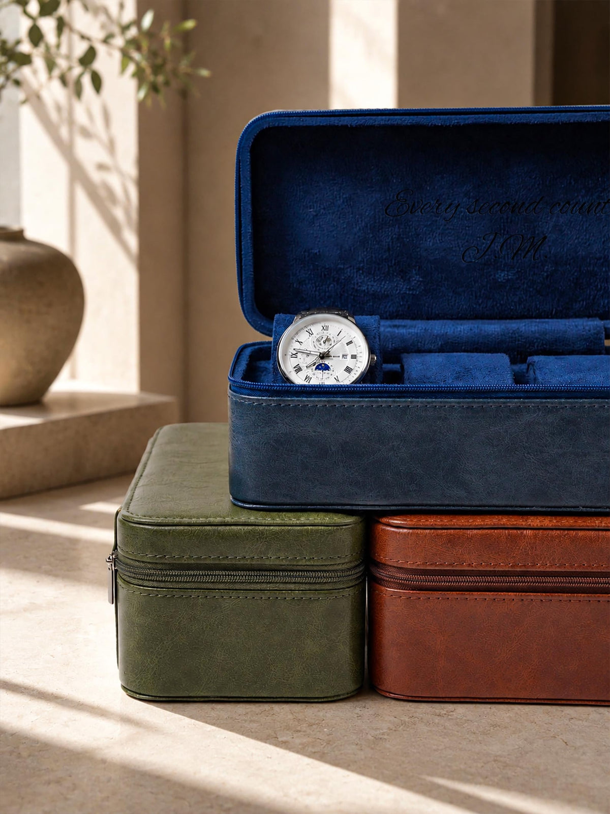 Personalized Leather Watch Box for Men, 3 Slot Travel Watch Case, Custom Initials & Interior Engraving, Husband Dad Gift
