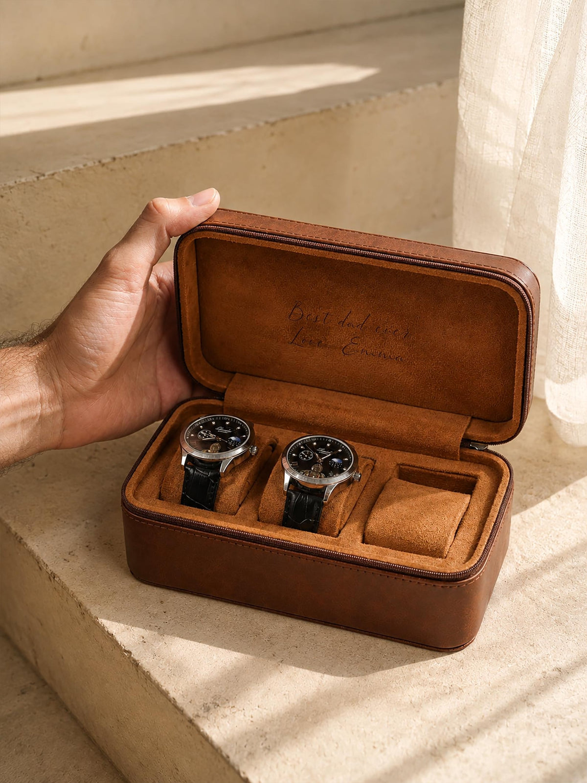 Personalized Leather Watch Box for Men, 3 Slot Travel Watch Case, Custom Initials & Interior Engraving, Husband Dad Gift