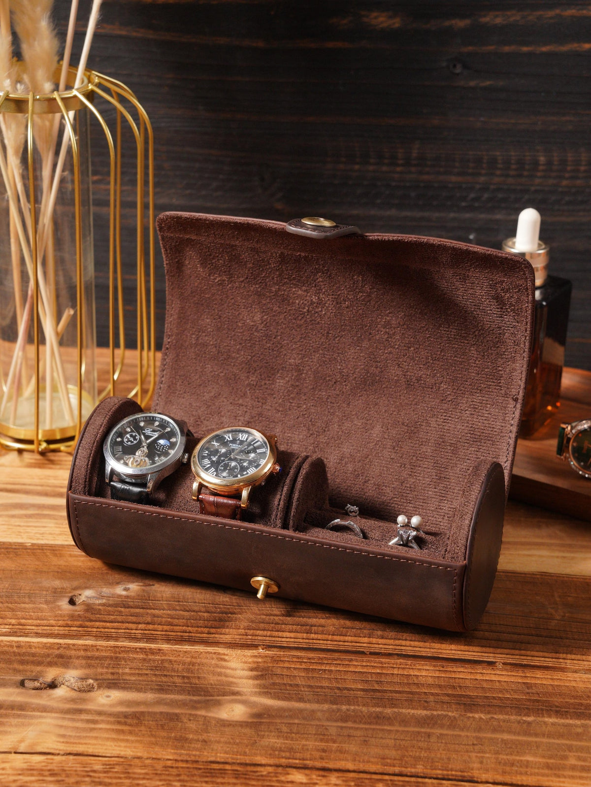 Personalized Crazy Horse Leather Watch Case, Removable Jewelry Organizer for Travel