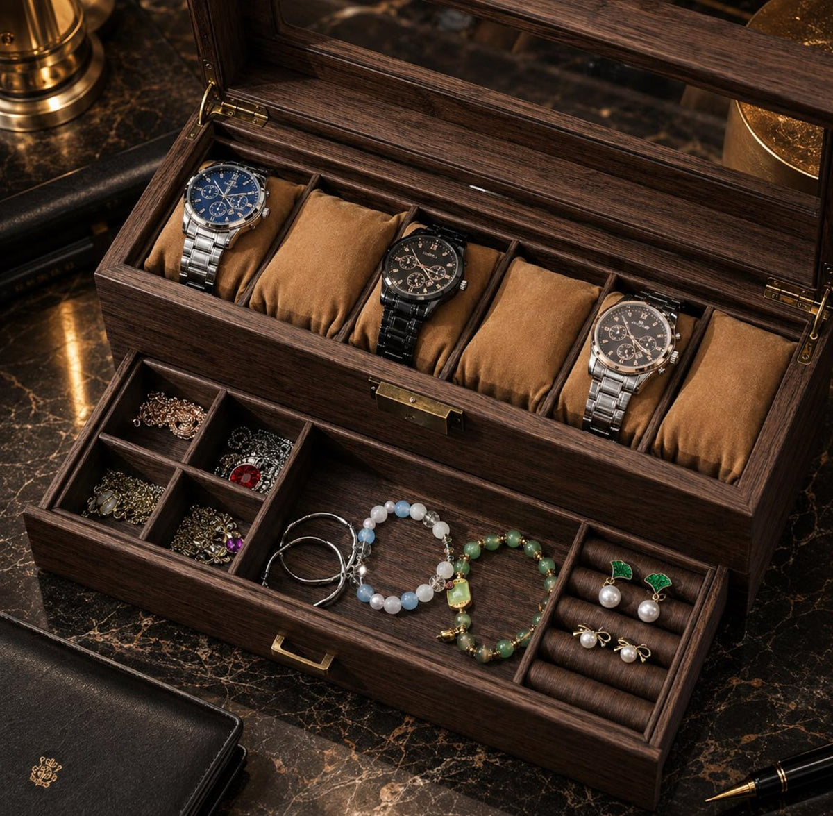 Walnut Wood Watch Box, Double Layer Watch Organizer, Watch Display Case, Jewelry Storage Box