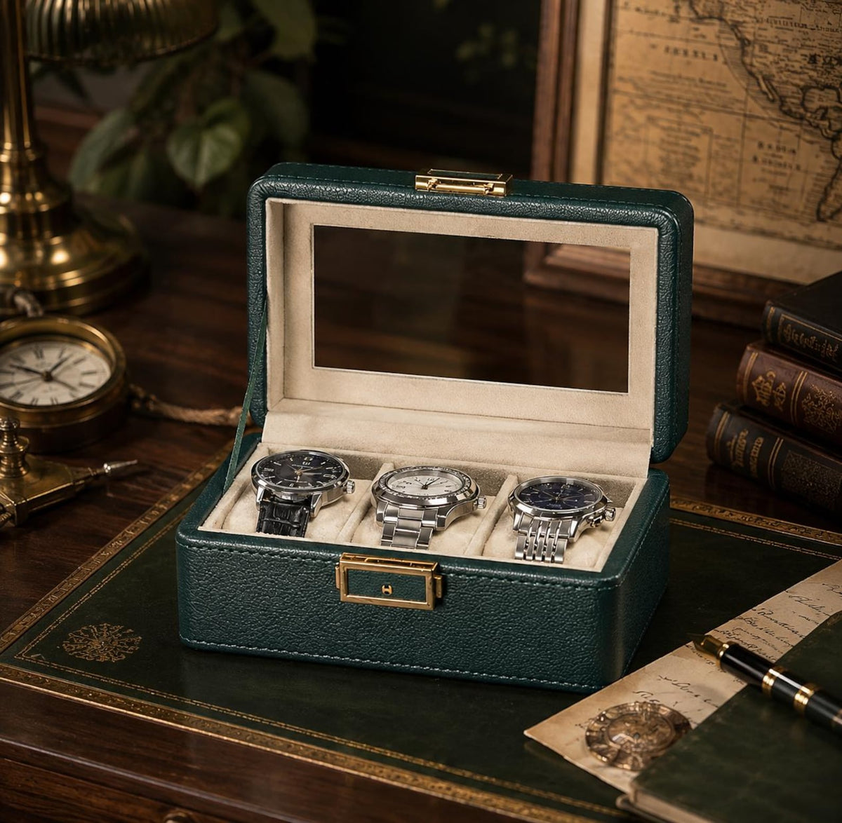 Green Watch Box, Vintage PU Leather Watch Case, 3 6 12 Slot Watch Organizer, Glass Display