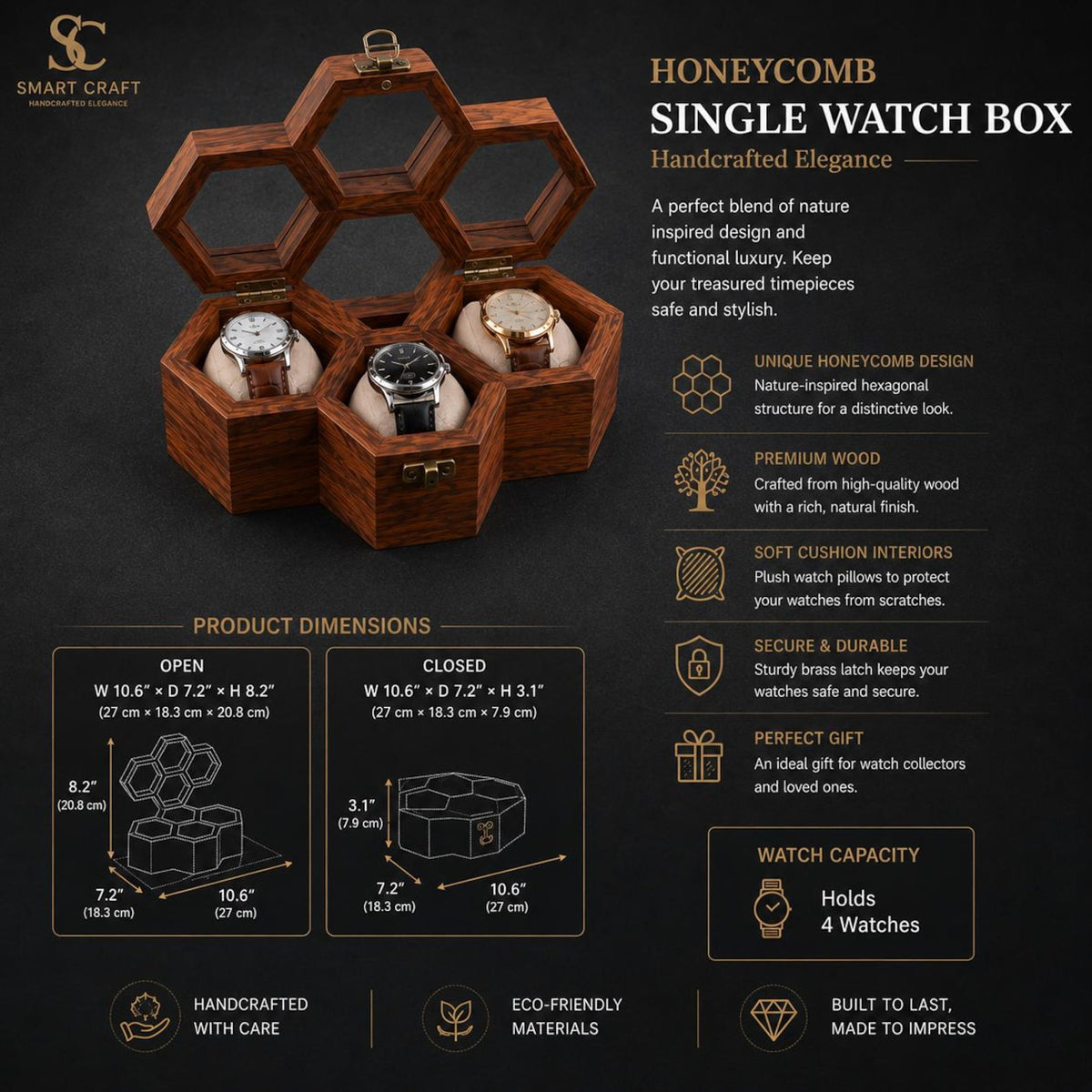 Handmade Rosewood Hexagon Watch Box DIsplay - | Anniversary Gift for Husband